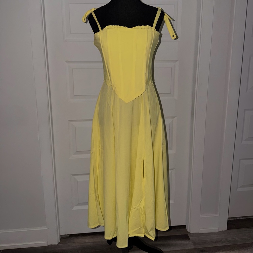 🌼 Yellow Corset Midi Dress with Tie Straps